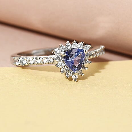 Tanzanite and Natural Cambodian Zircon Ring in Platinum Overlay Sterling Silver
