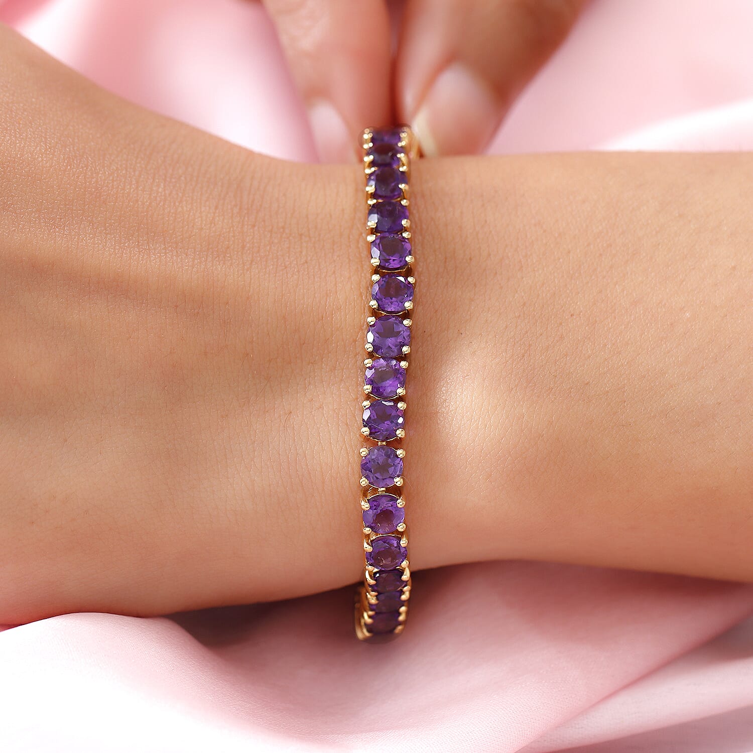 Amethyst Bracelet (Size - 7.5) in 14K Gold Overlay Sterling Silver 15.40 Ct, Silver Wt. 12.70 Gms
