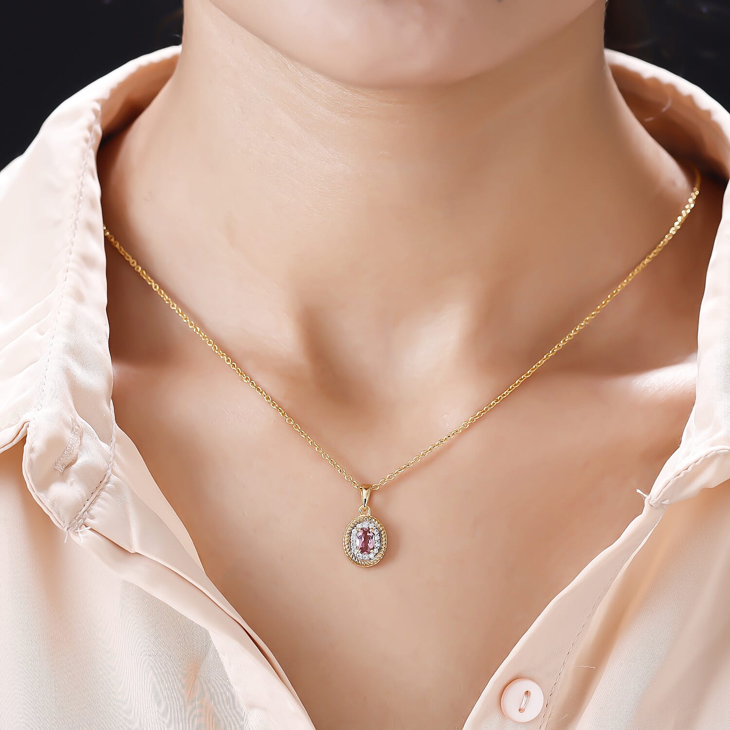 Pink Tourmaline and Natural Cambodian Zircon Pendant in 14K Gold Overlay Sterling Silver