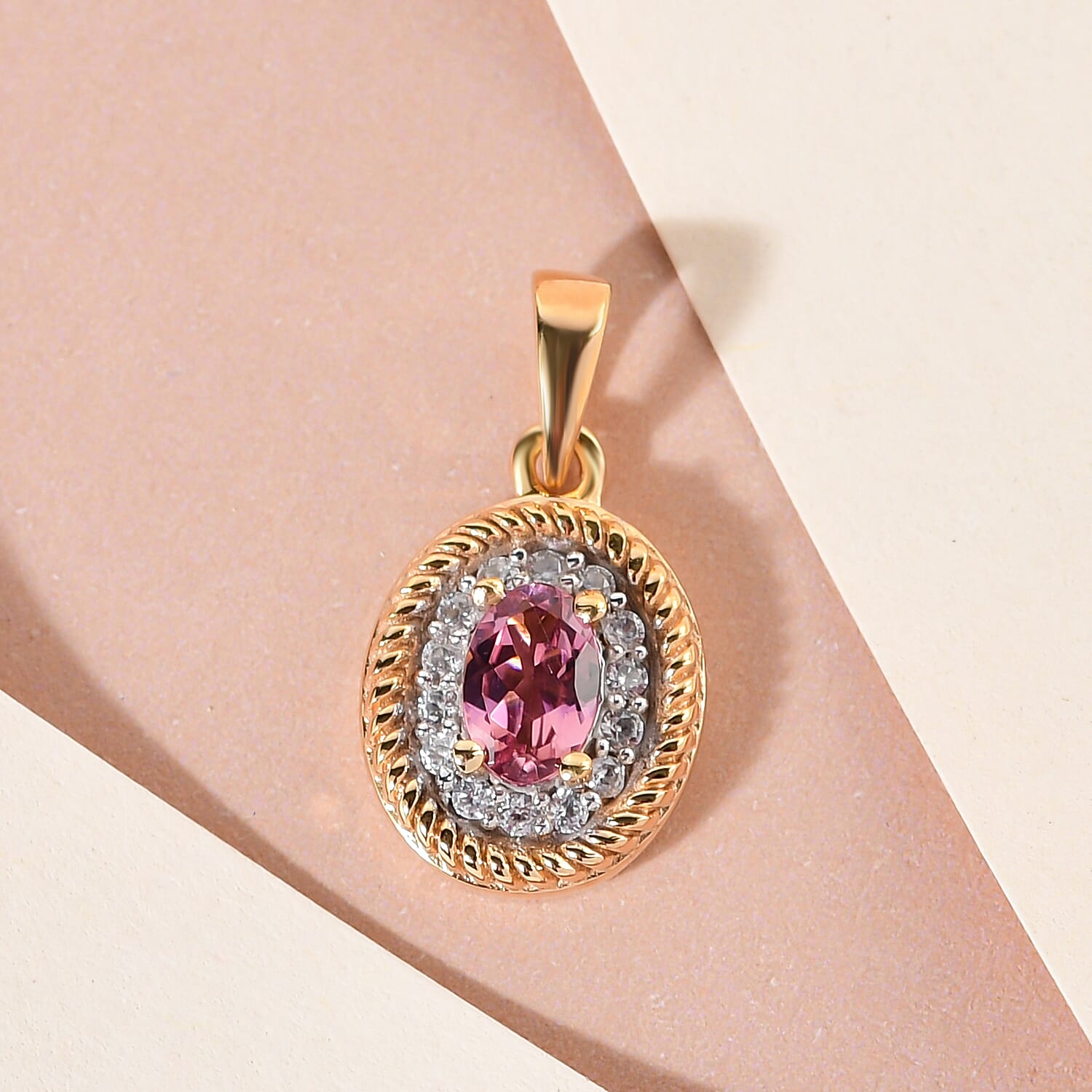 Pink Tourmaline and Natural Cambodian Zircon Pendant in 14K Gold Overlay Sterling Silver