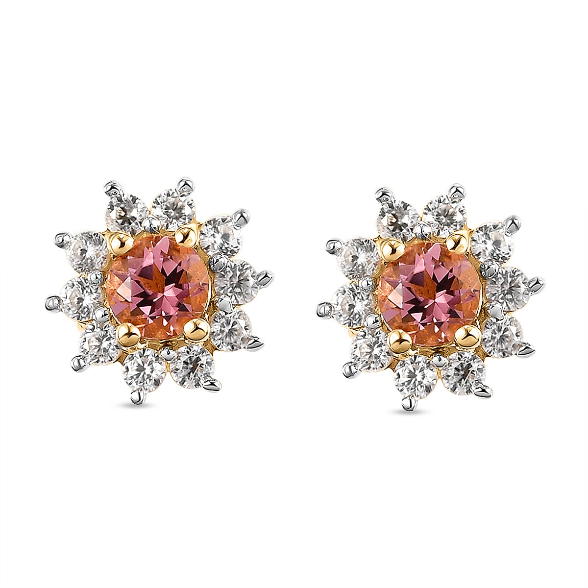 Blush Tourmaline and Natural Cambodian Zircon Stud Earrings in Gold Overlay Sterling Silver 1.18 Ct.