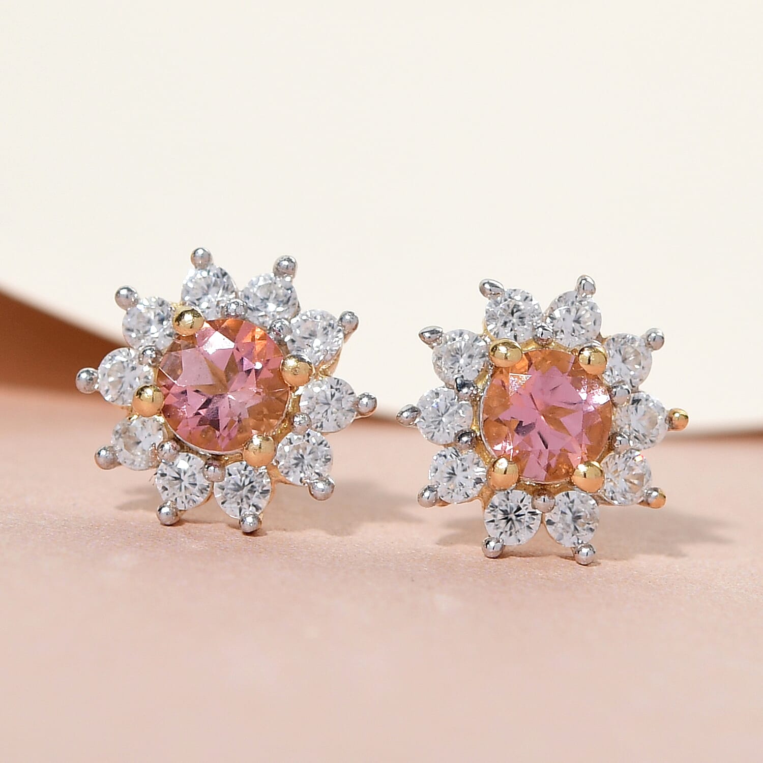 Blush Tourmaline and Natural Cambodian Zircon Stud Earrings in Gold Overlay Sterling Silver 1.18 Ct.