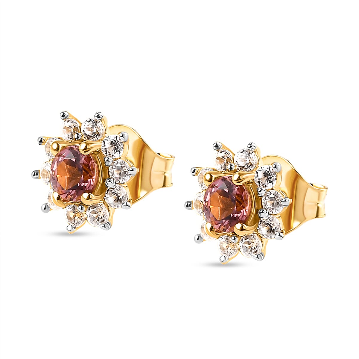 Blush Tourmaline and Natural Cambodian Zircon Stud Earrings in Gold Overlay Sterling Silver 1.18 Ct.