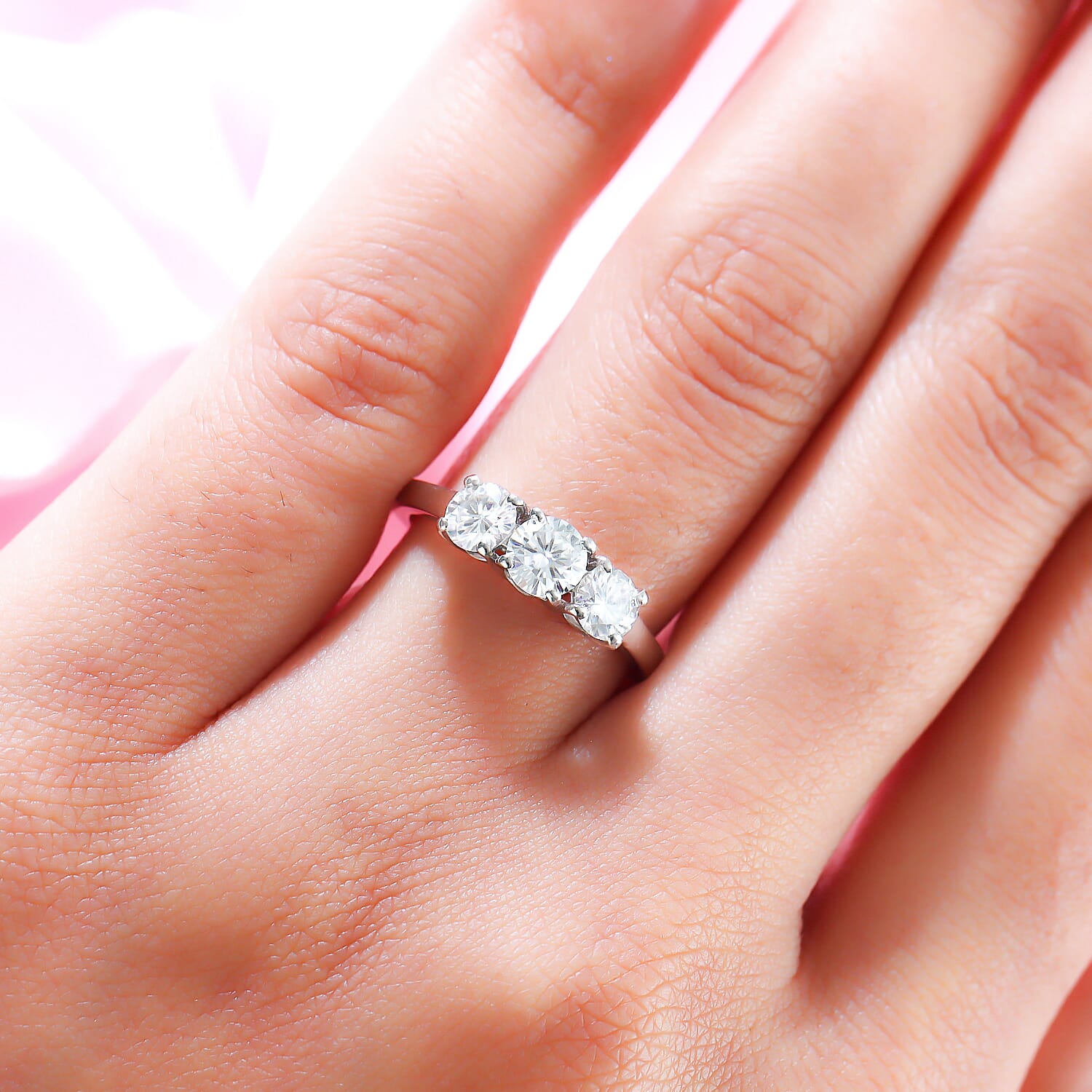 Moissanite 3 Stone Ring in Platinum Overlay Sterling Silver 1.07 Ct.