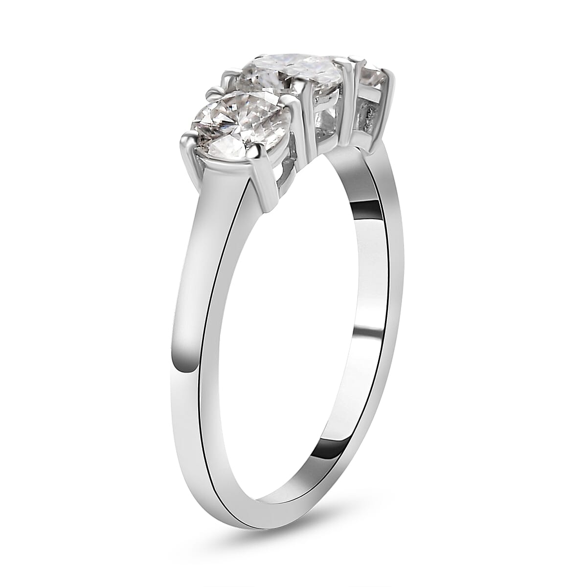 Moissanite 3 Stone Ring in Platinum Overlay Sterling Silver 1.07 Ct.