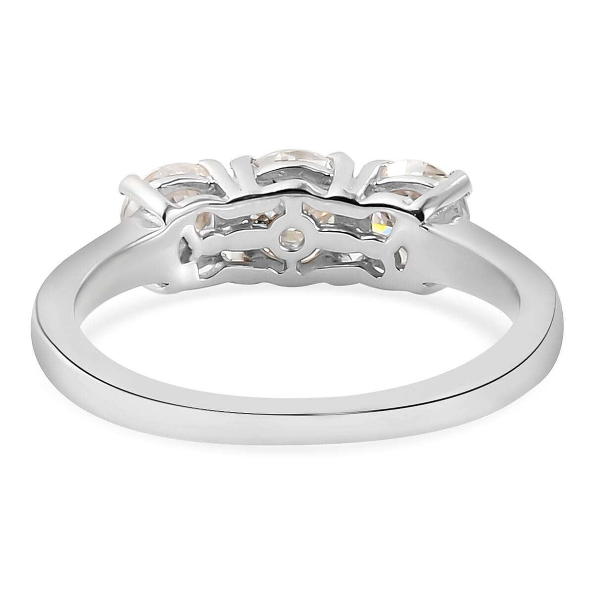Moissanite 3 Stone Ring in Platinum Overlay Sterling Silver 1.07 Ct.