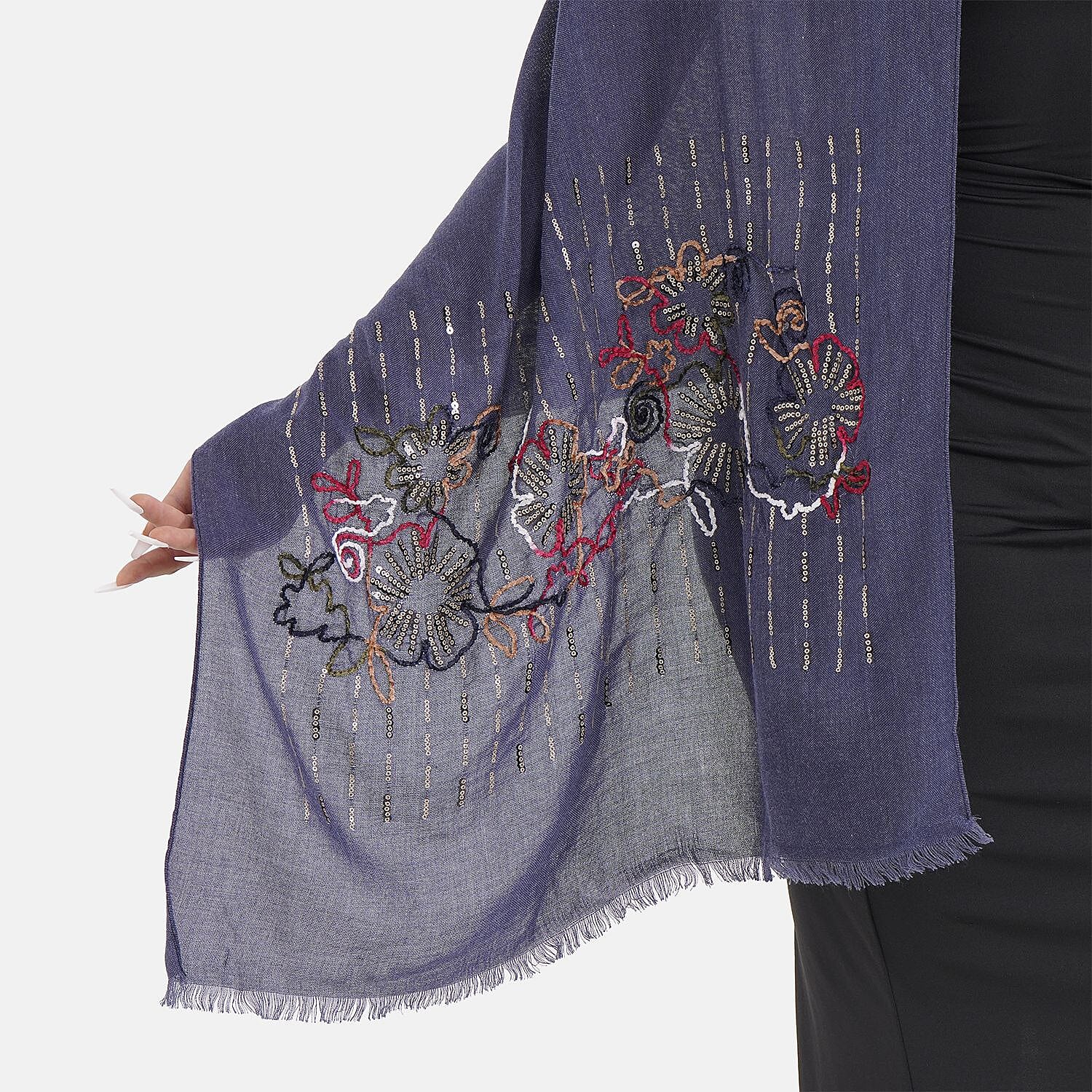Close Out Embroidered Scarf (One Size) - Navy Blue