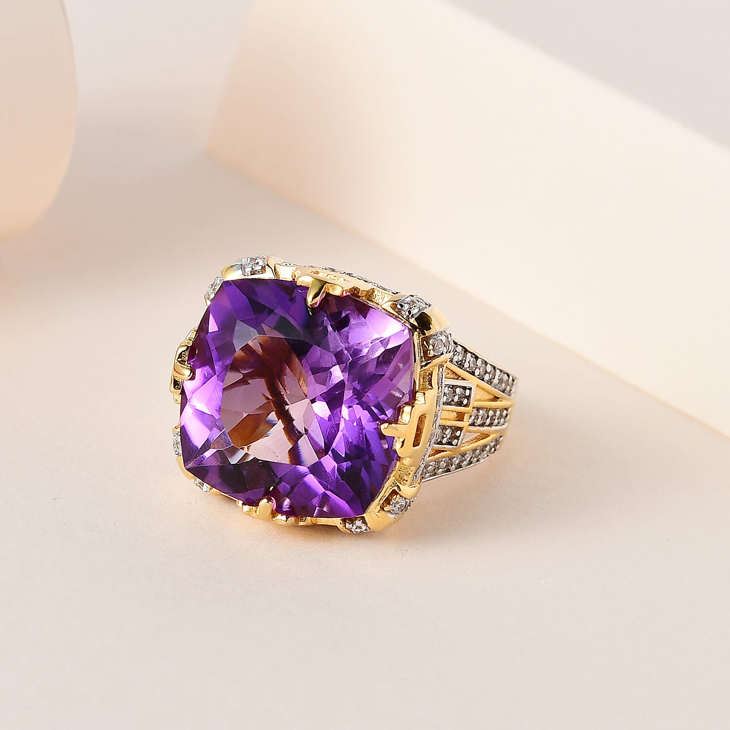 AAA Canela Amethyst Ring in 18K Yellow Gold Vermeil Plated Sterling Silver 16.00 Ct.