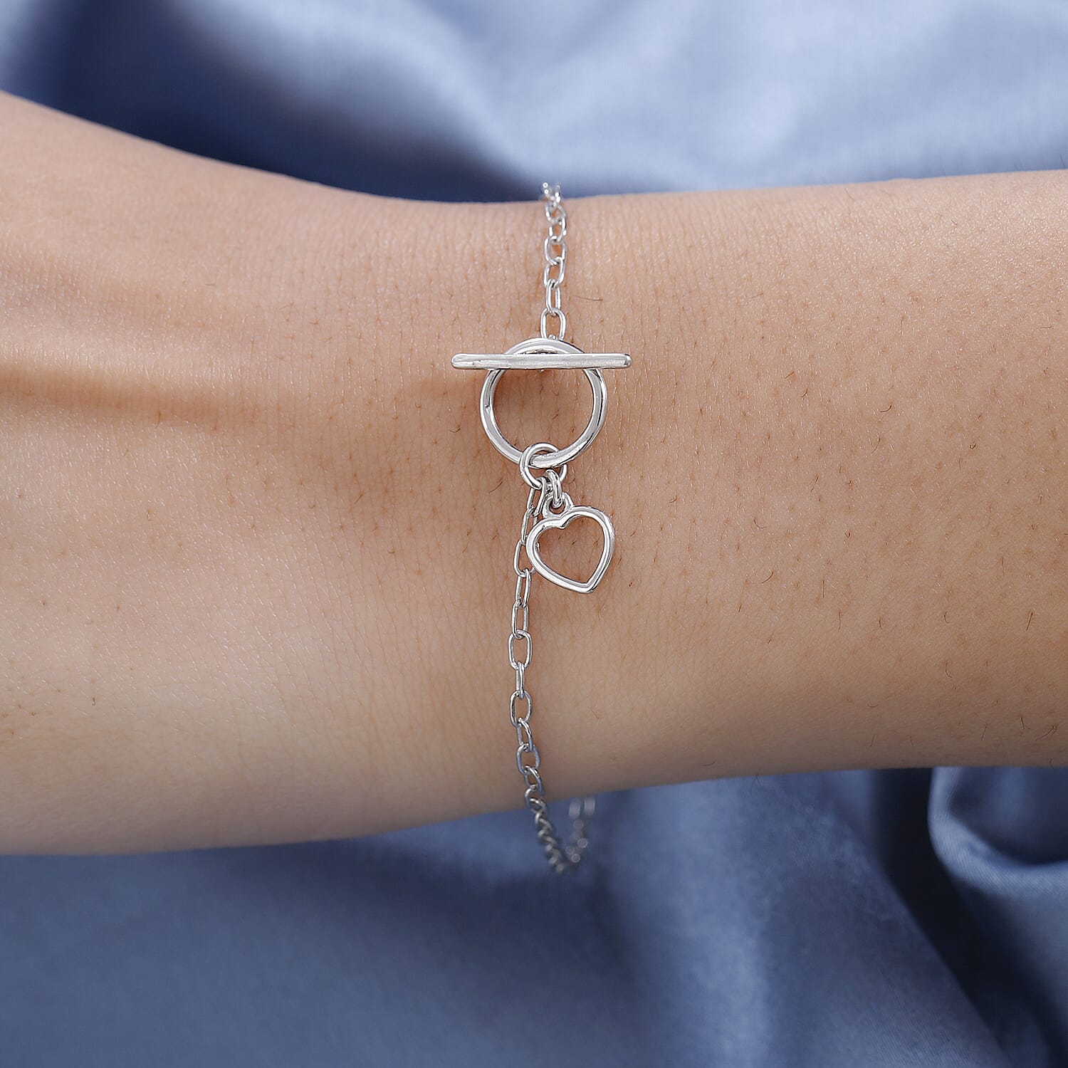 Platinum Overlay Sterling Silver Heart Bracelet (Size - 7.5) with Tongle Lock