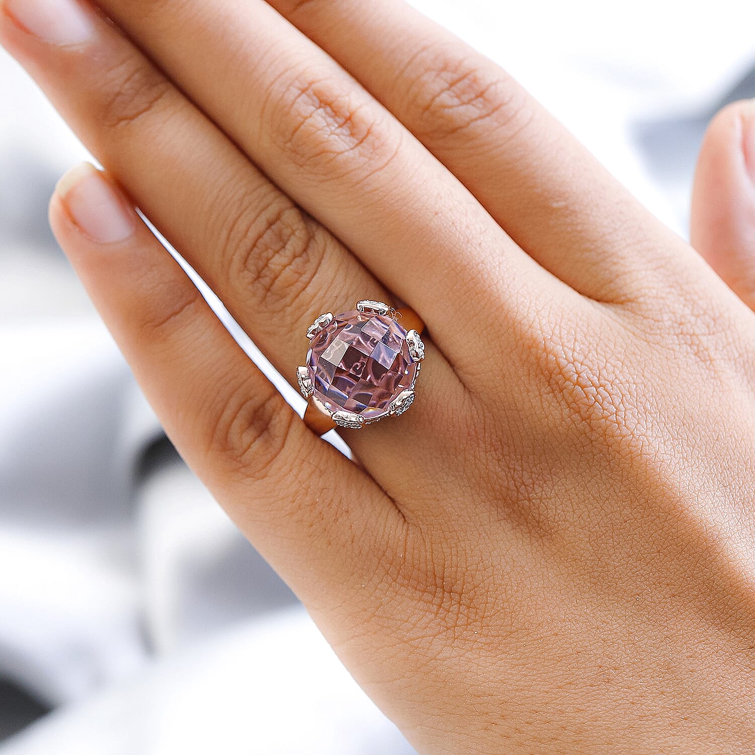 GP- Amore Collection - Rose De France Amethyst and Natural Zircon Ring in 18K Rose Gold Vermeil Plated Sterling Silver 11.48 Ct, Silver Wt. 5.52 Gms