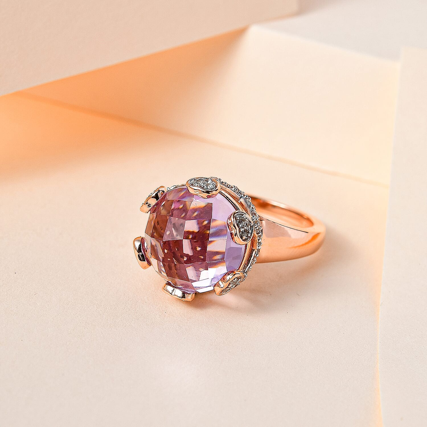 GP- Amore Collection - Rose De France Amethyst and Natural Zircon Ring in 18K Rose Gold Vermeil Plated Sterling Silver 11.48 Ct, Silver Wt. 5.52 Gms