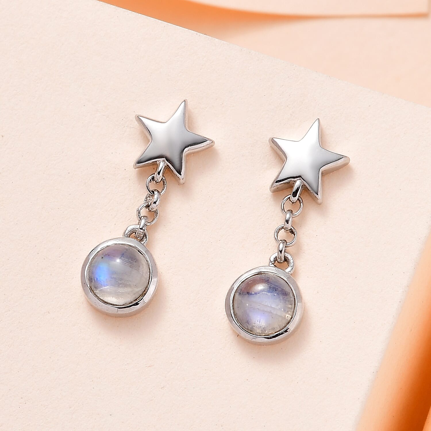 Moon Glow Stone Dangle Earrings in Platinum Overlay Sterling Silver 1.31 Ct.