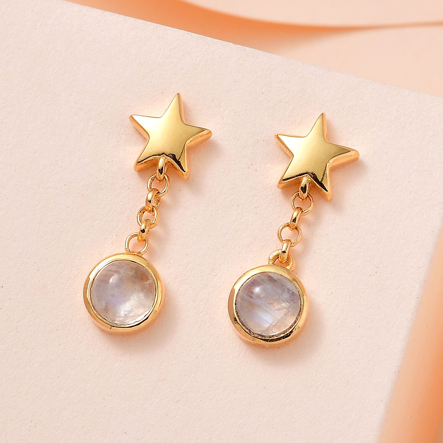 Premium Rainbow Moonstone Dangle Earrings in 18K Yellow Gold Vermeil Plated Sterling Silver 1.31 Ct.