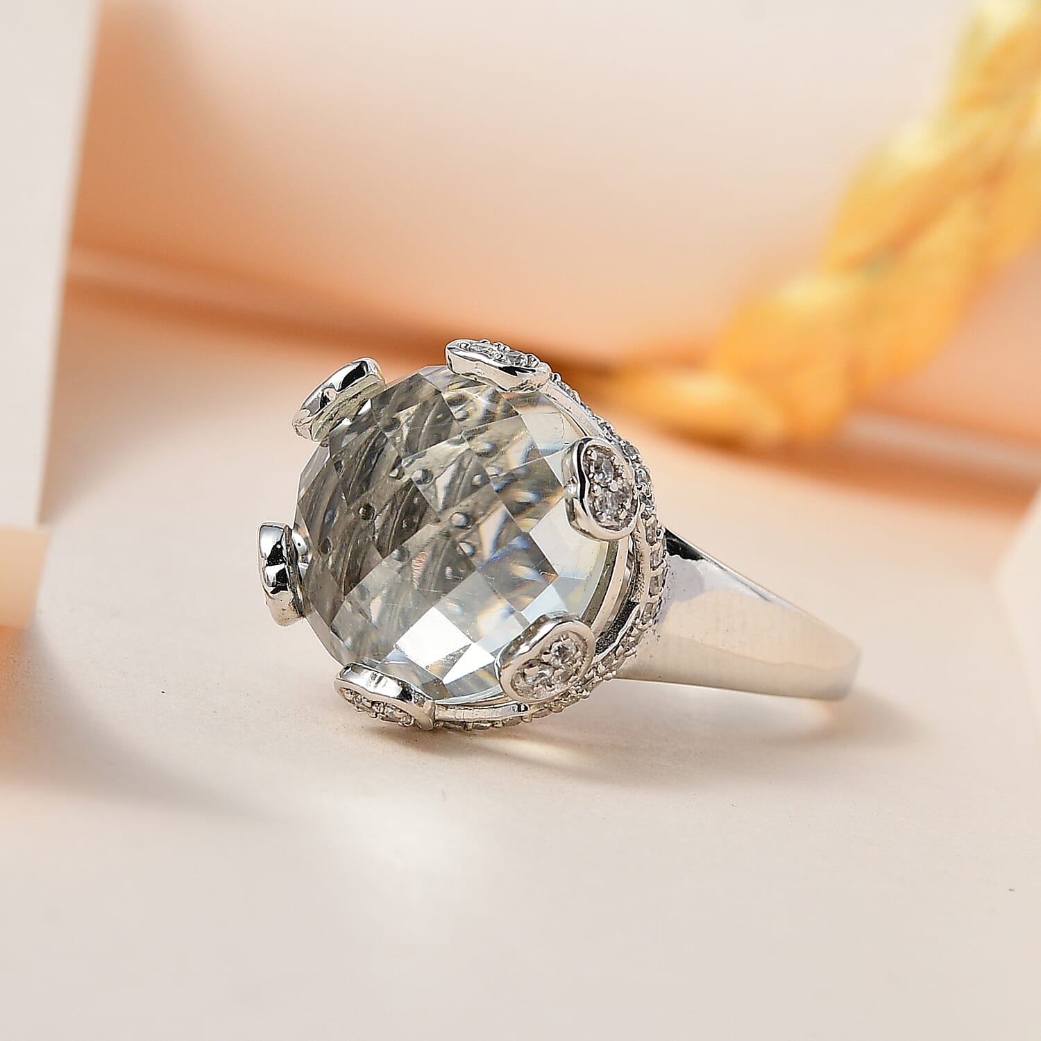 GP Amore Collection - Prasiolite and Natural Zircon Ring in Platinum Overlay Sterling Silver 11.22 Ct