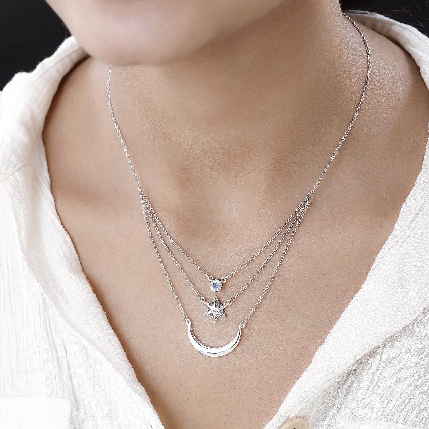 Premium Rainbow Moonstone Necklace (Size - 20) in Platinum Overlay Sterling Silver