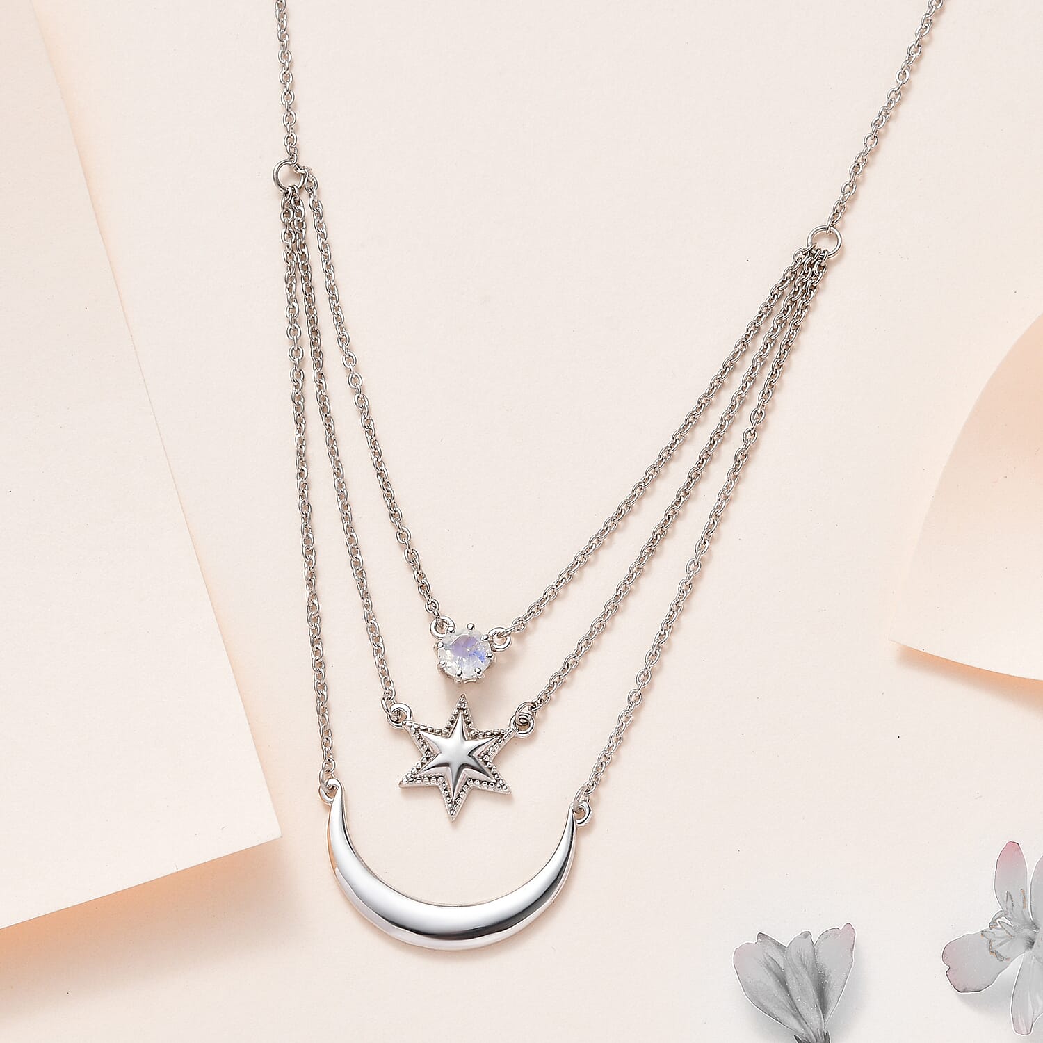 Premium Rainbow Moonstone Necklace (Size - 20) in Platinum Overlay Sterling Silver