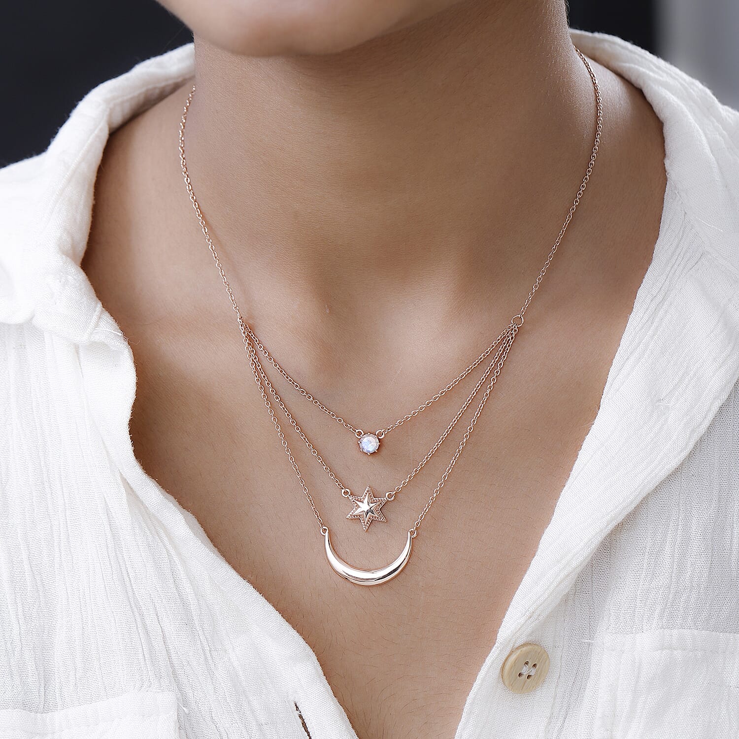Premium Rainbow Moonstone Necklace (Size - 20) in 18K Rose Gold Vermeil Plated Sterling Silver