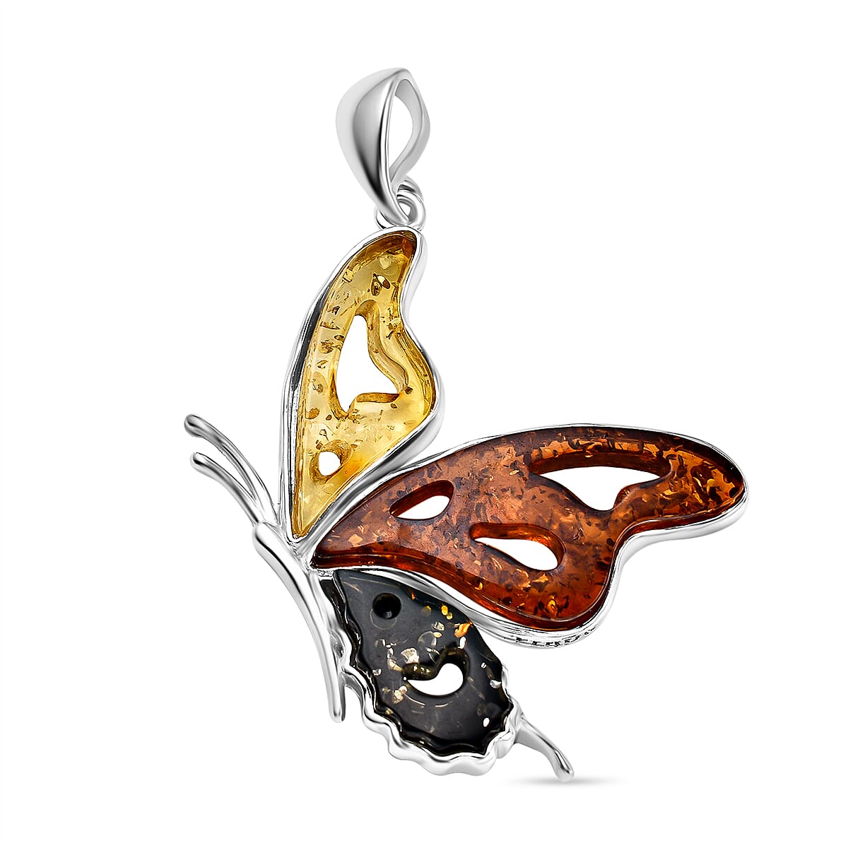 Tucson Special - Multi Colour Amber Butterfly Pendant in Sterling Silver
