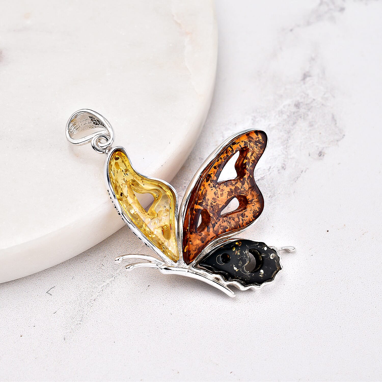 Tucson Special - Multi Colour Amber Butterfly Pendant in Sterling Silver