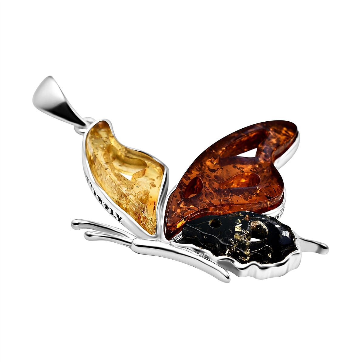 Tucson Special - Multi Colour Amber Butterfly Pendant in Sterling Silver