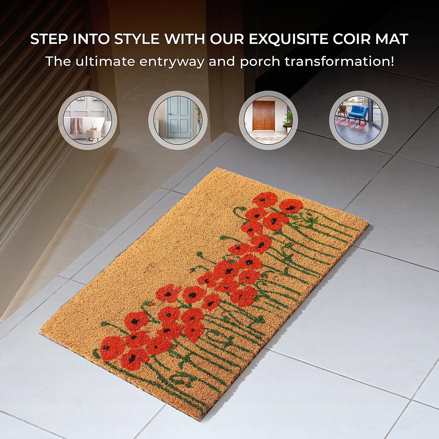 Coir Flower Rug and Door Mat (Size 40x1 cm) - Brown & Red