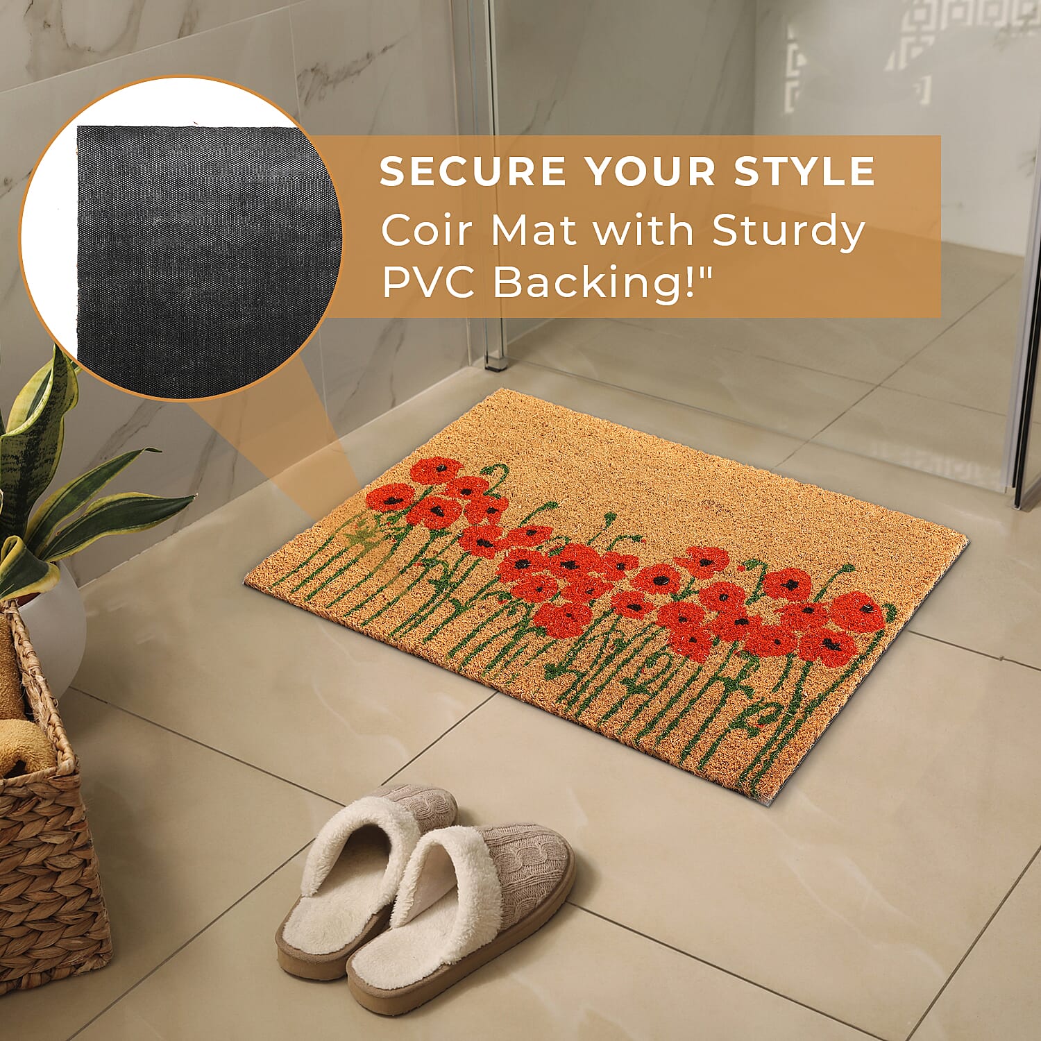 Coir Flower Rug and Door Mat (Size 40x1 cm) - Brown & Red