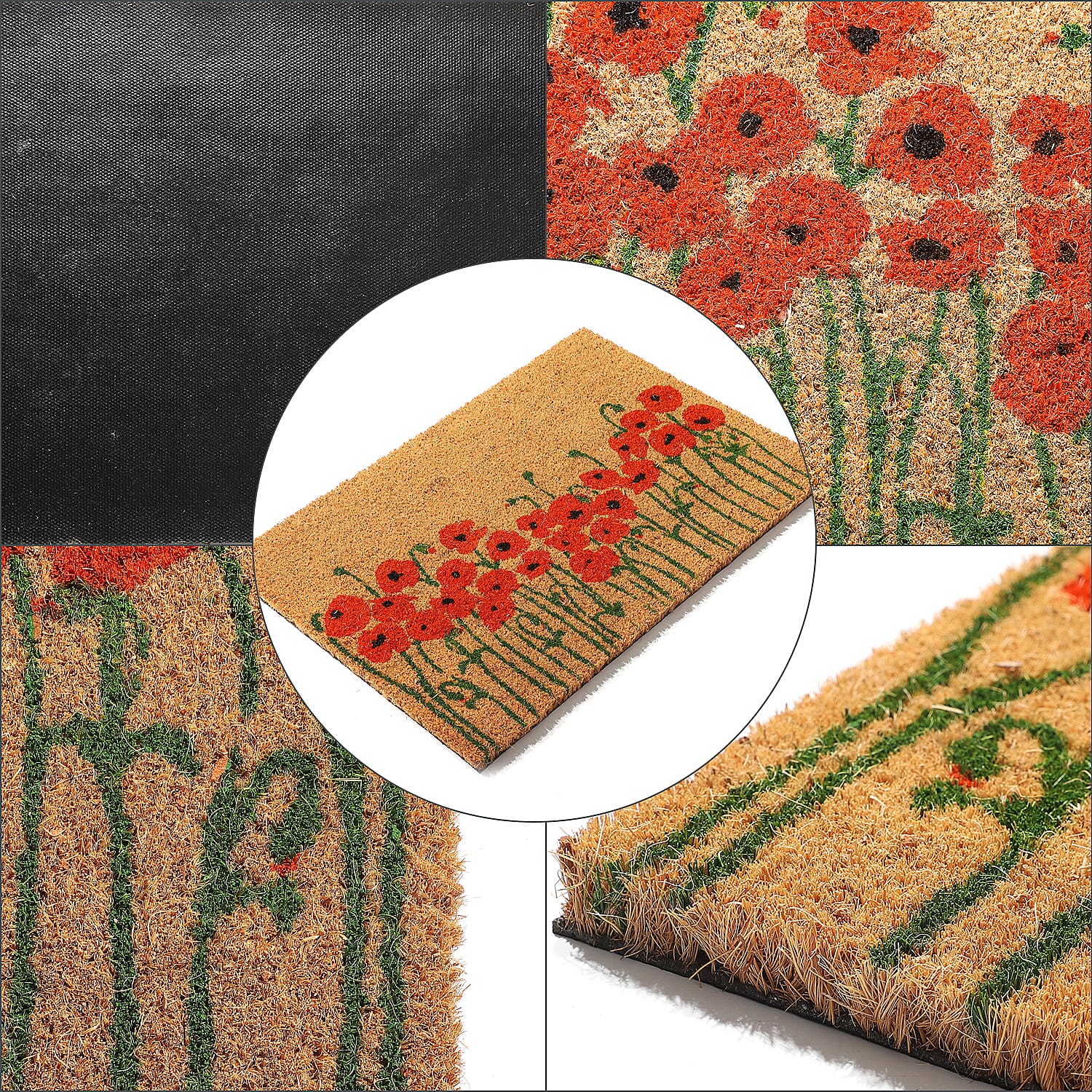 Coir Flower Rug and Door Mat (Size 40x1 cm) - Brown & Red