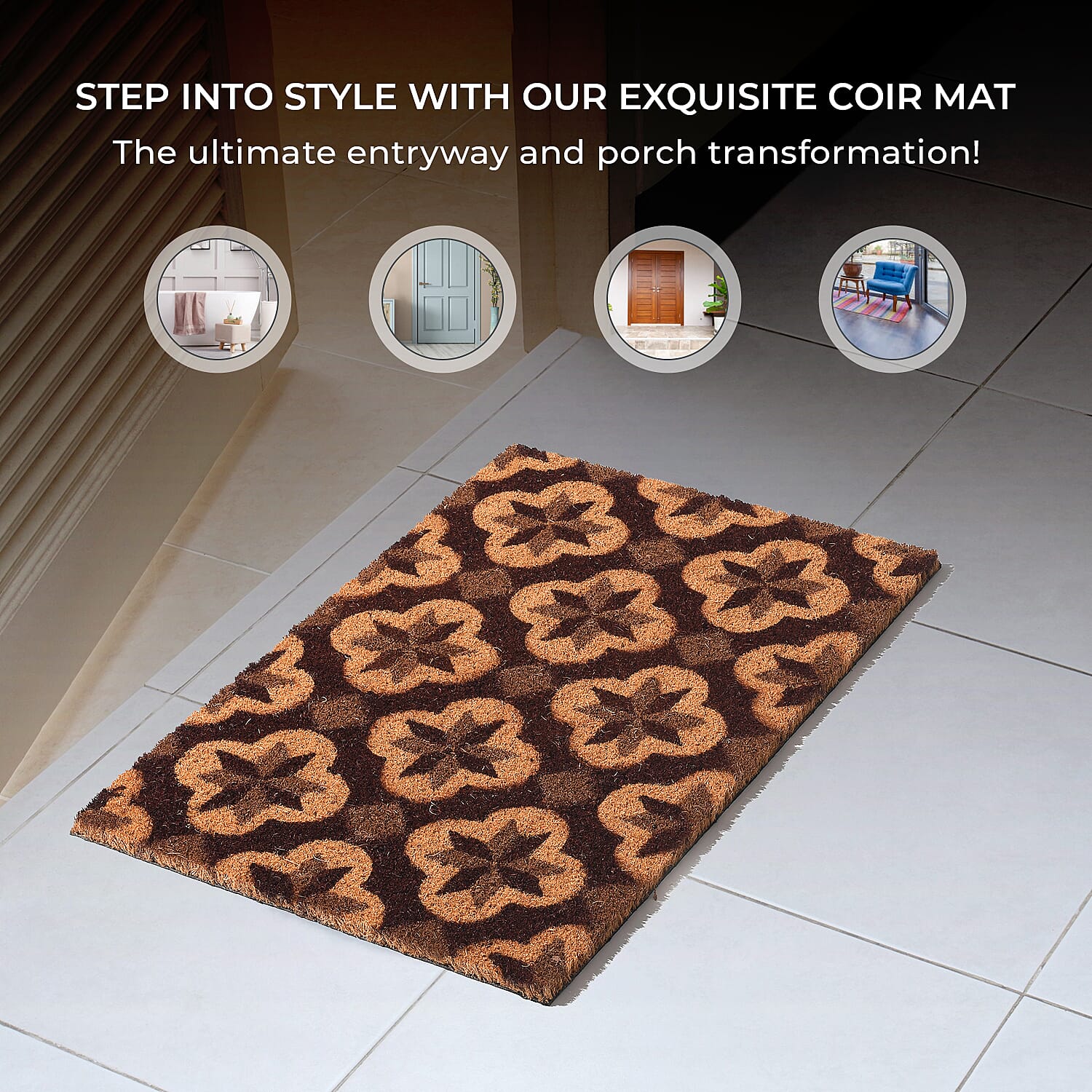 15mm Diamond Pattern PVC Backed Coir Natural Printed Rug and Door Mat (Size 60x40 cm) - Brown, Green & Black