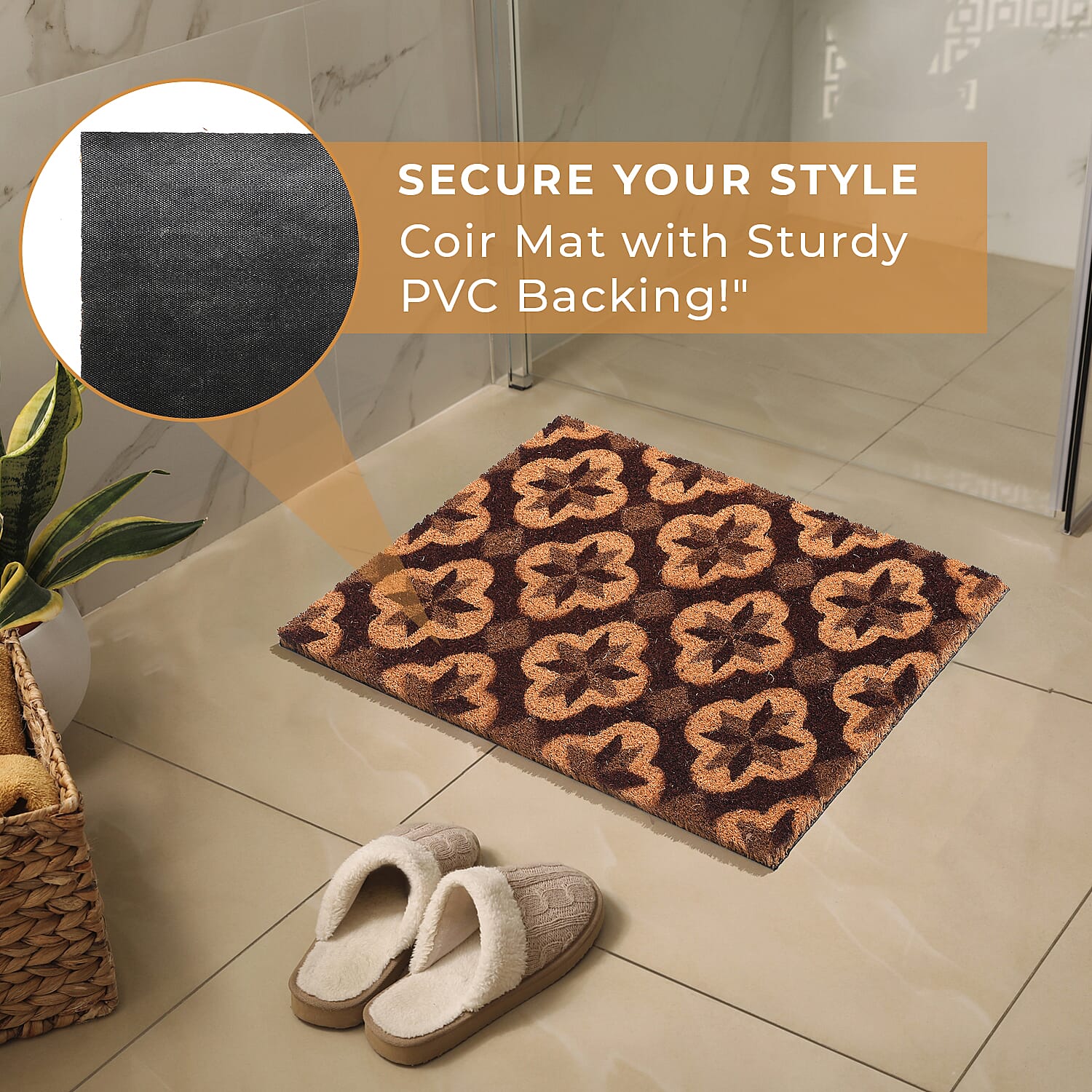 15mm Diamond Pattern PVC Backed Coir Natural Printed Rug and Door Mat (Size 60x40 cm) - Brown, Green & Black