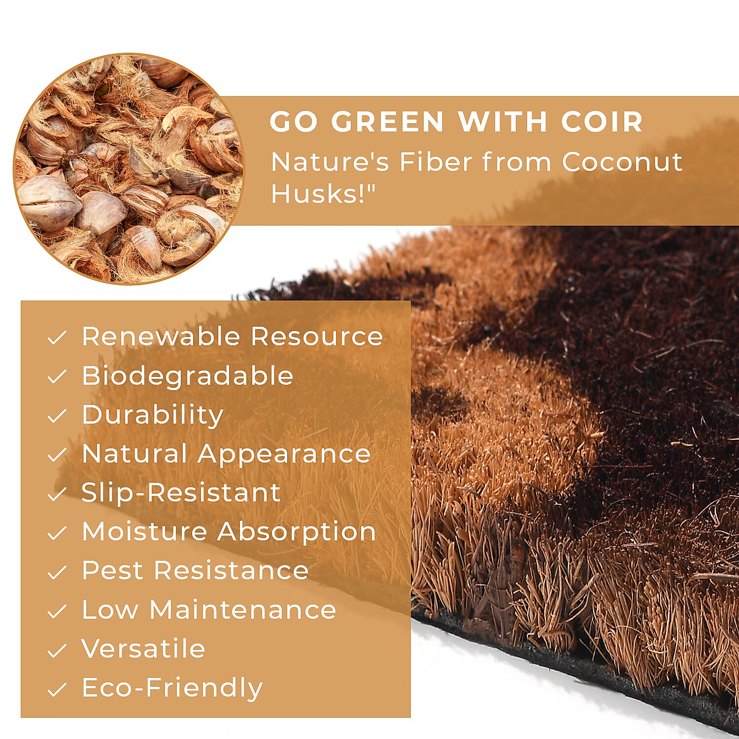 15mm Diamond Pattern PVC Backed Coir Natural Printed Rug and Door Mat (Size 60x40 cm) - Brown, Green & Black