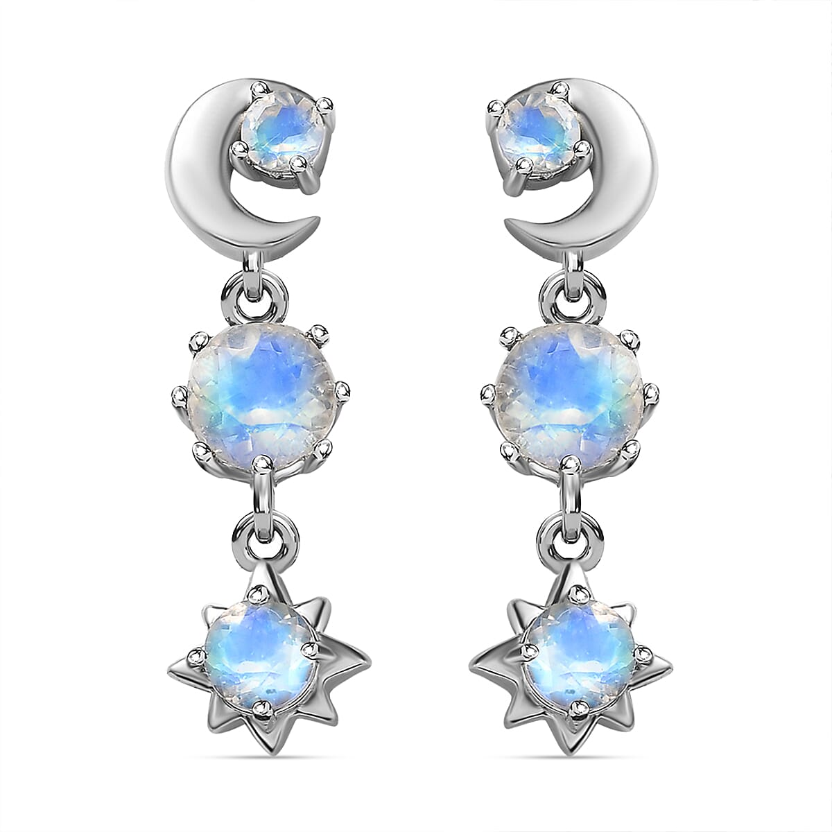 Moon Glow Stone Dangle Earrings in Platinum Overlay Sterling Silver 1.72 Ct.
