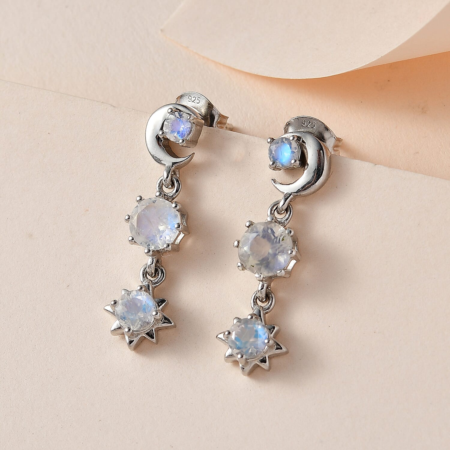 Moon Glow Stone Dangle Earrings in Platinum Overlay Sterling Silver 1.72 Ct.