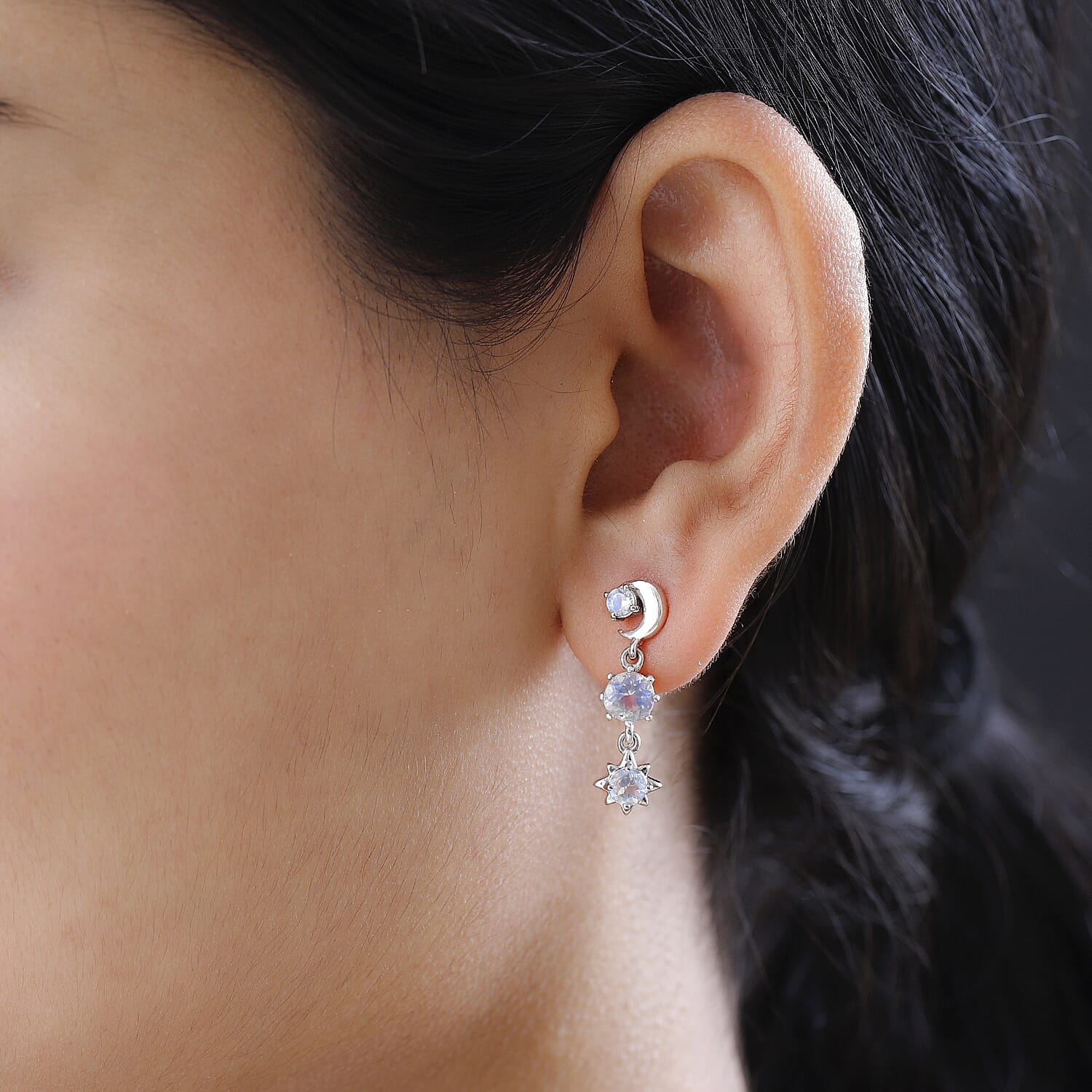 Moon Glow Stone Dangle Earrings in Platinum Overlay Sterling Silver 1.72 Ct.