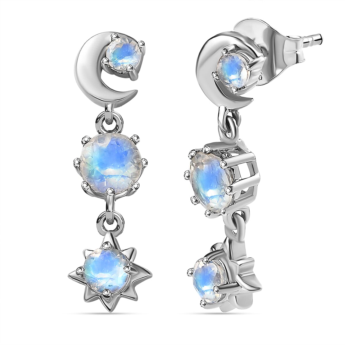 Moon Glow Stone Dangle Earrings in Platinum Overlay Sterling Silver 1.72 Ct.