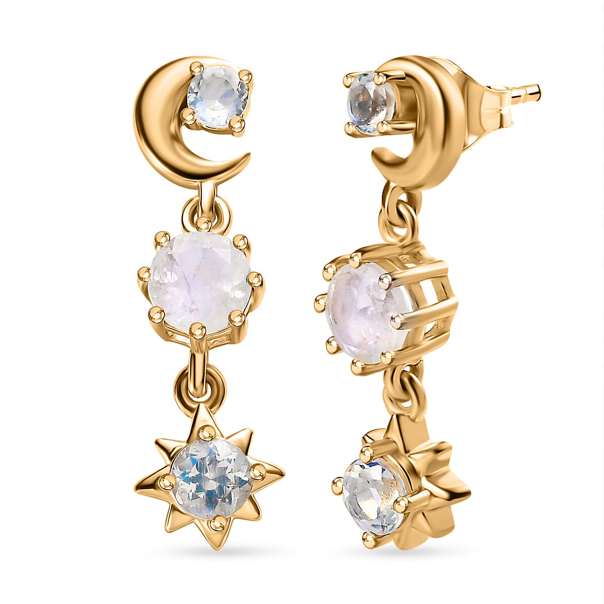 Premium Rainbow Moonstone  Dangle Earrings in 18K Yellow Gold Vermeil Plated Sterling Silver 1.72 Ct.