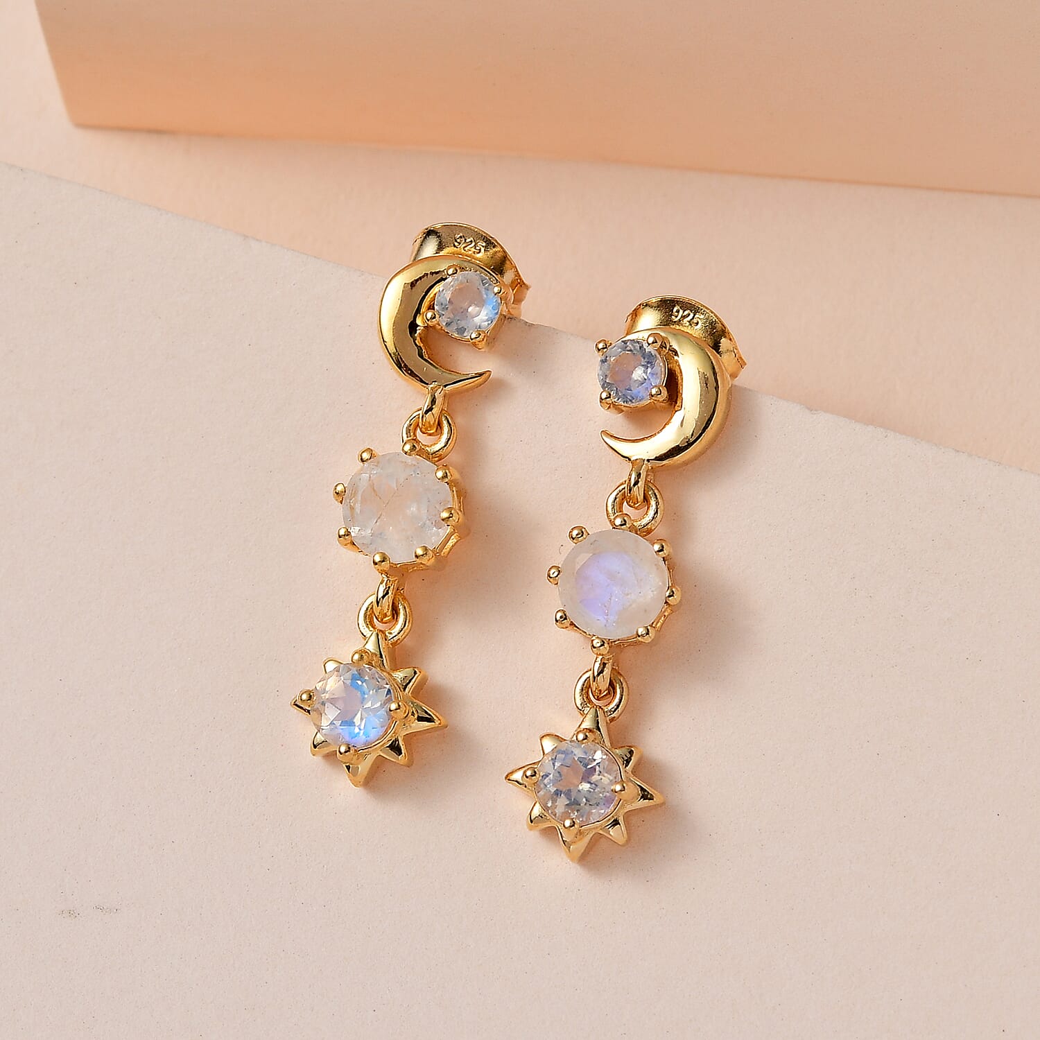 Premium Rainbow Moonstone  Dangle Earrings in 18K Yellow Gold Vermeil Plated Sterling Silver 1.72 Ct.
