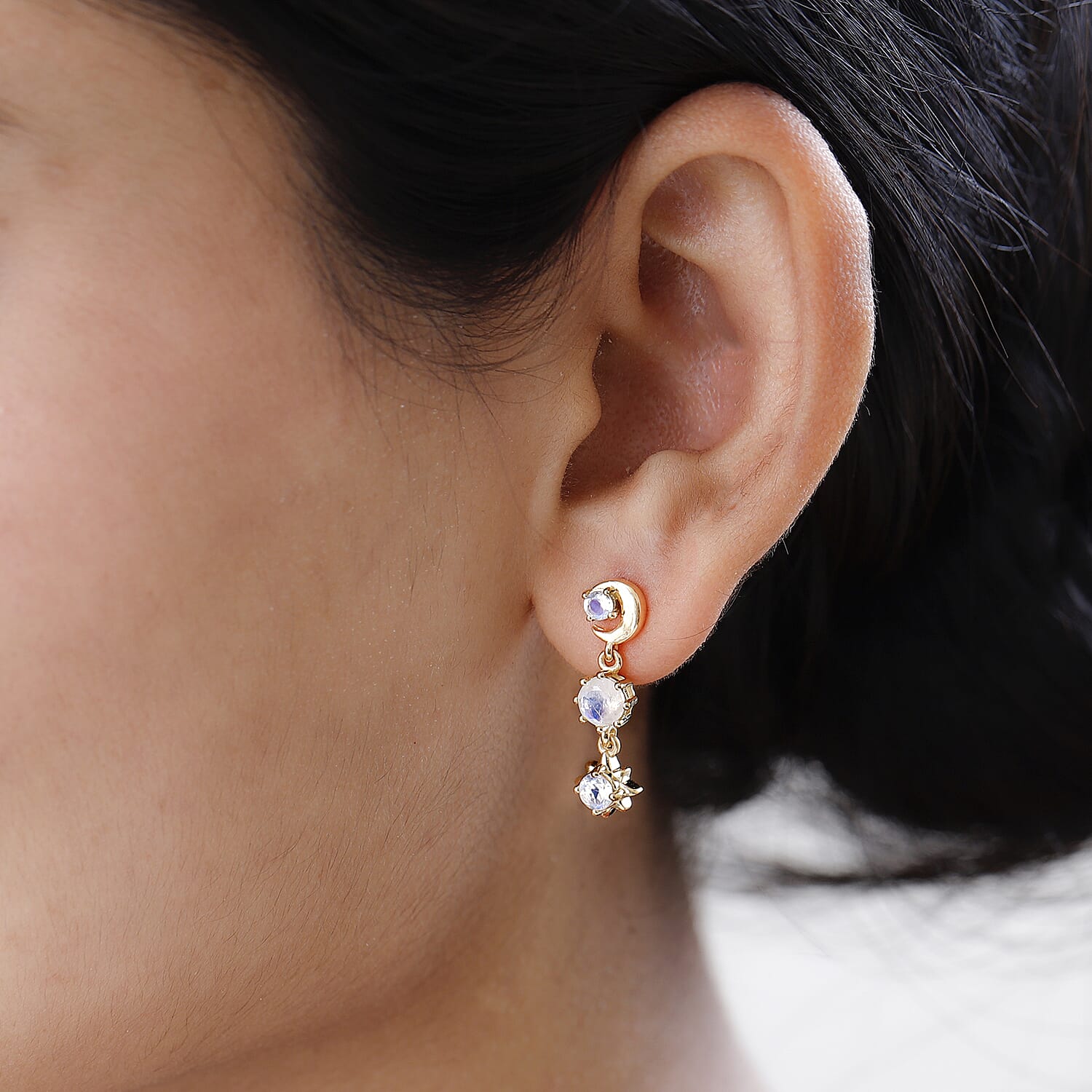 Premium Rainbow Moonstone  Dangle Earrings in 18K Yellow Gold Vermeil Plated Sterling Silver 1.72 Ct.