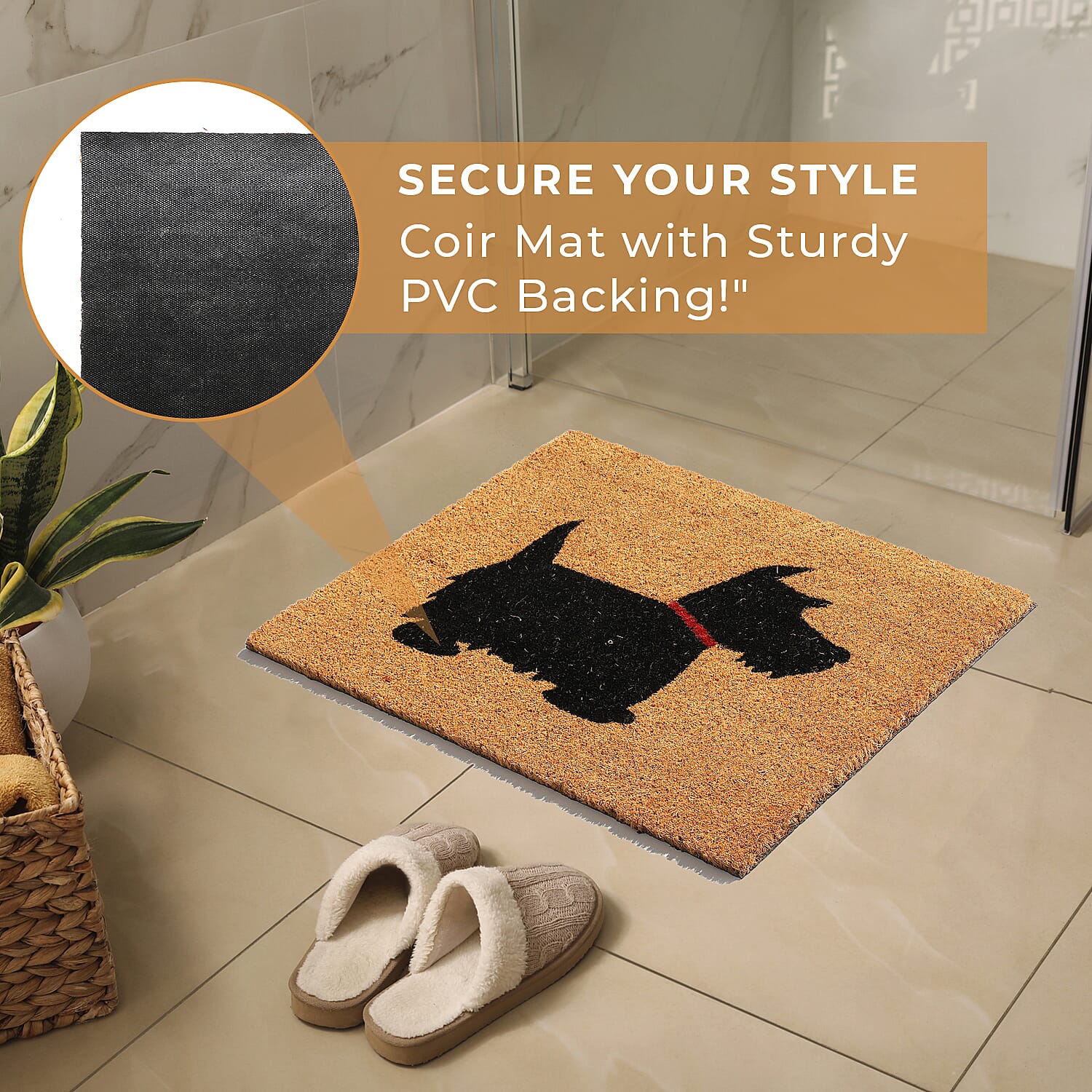 15mm Dog Design PVC Backed Coir Natural Printed Rug and Door Mat (Size 60x40 cm) - Brown & Black