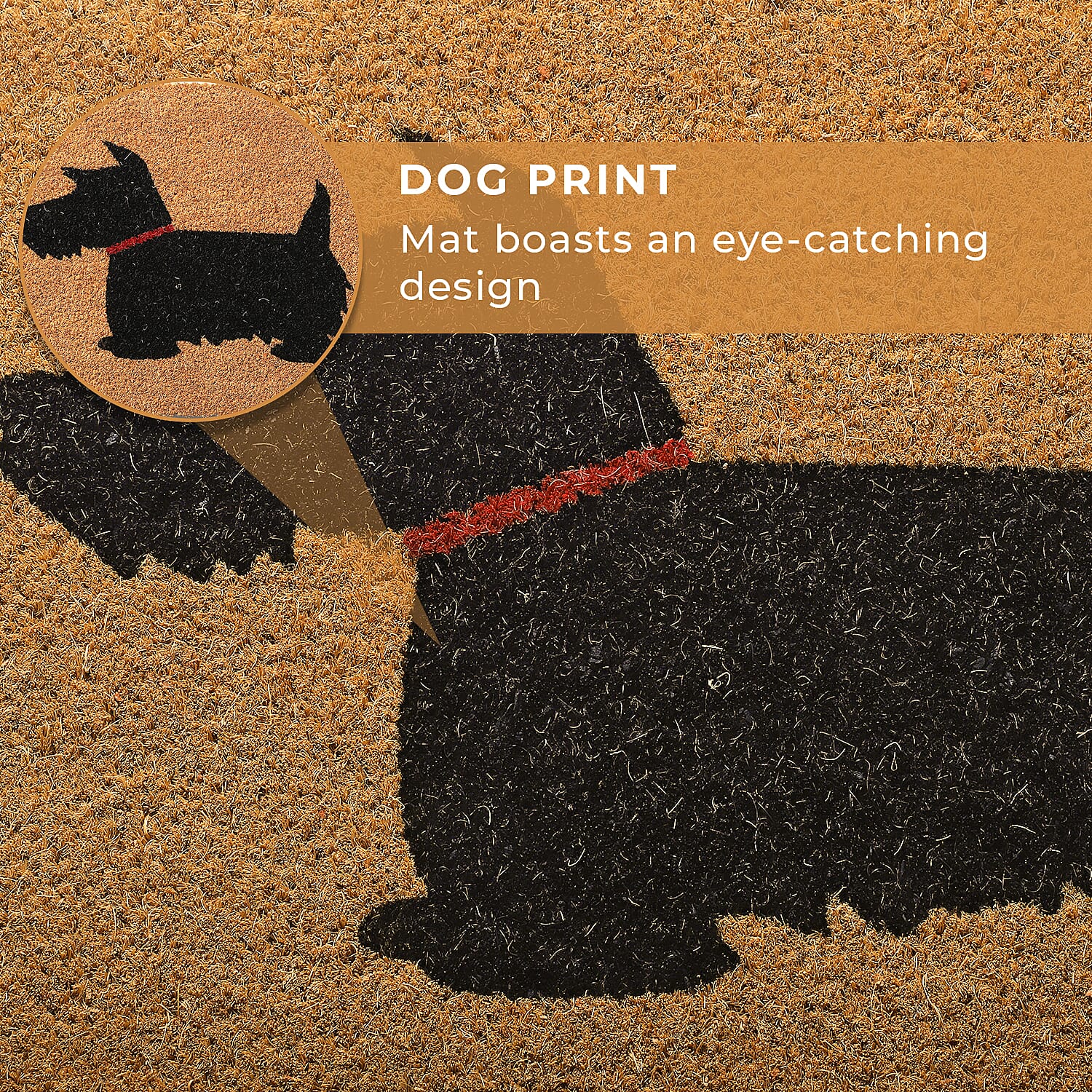15mm Dog Design PVC Backed Coir Natural Printed Rug and Door Mat (Size 60x40 cm) - Brown & Black