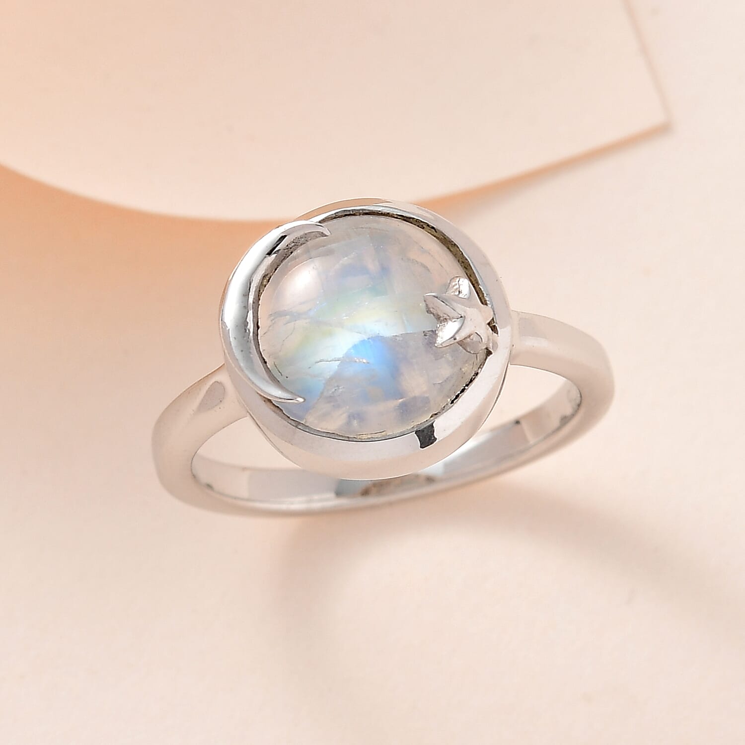 Premium Rainbow Moonstone Ring in Platinum Overlay Sterling Silver 4.60 Ct