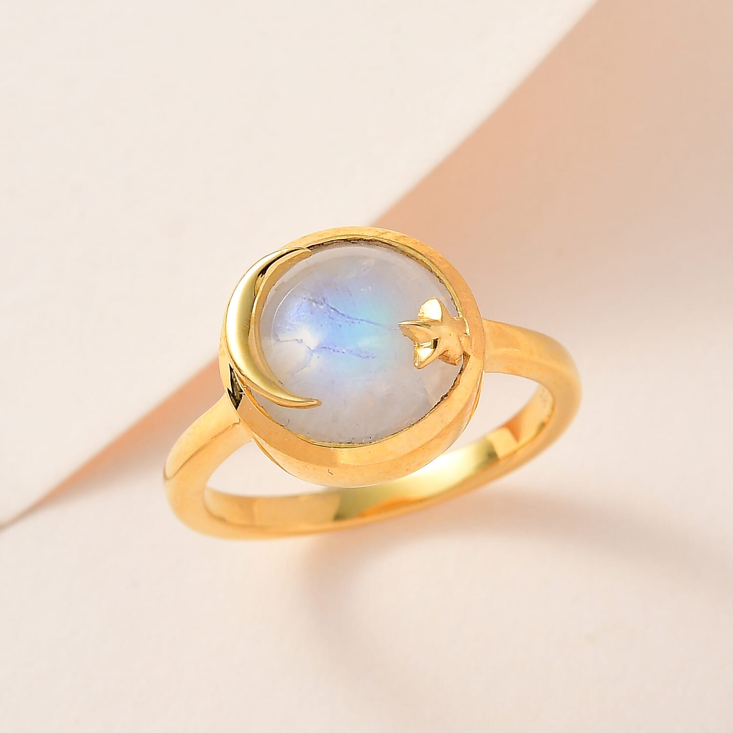 Premium Rainbow Moonstone Ring in Yellow Gold Vermeil Plated Sterling Silver 4.60 Ct