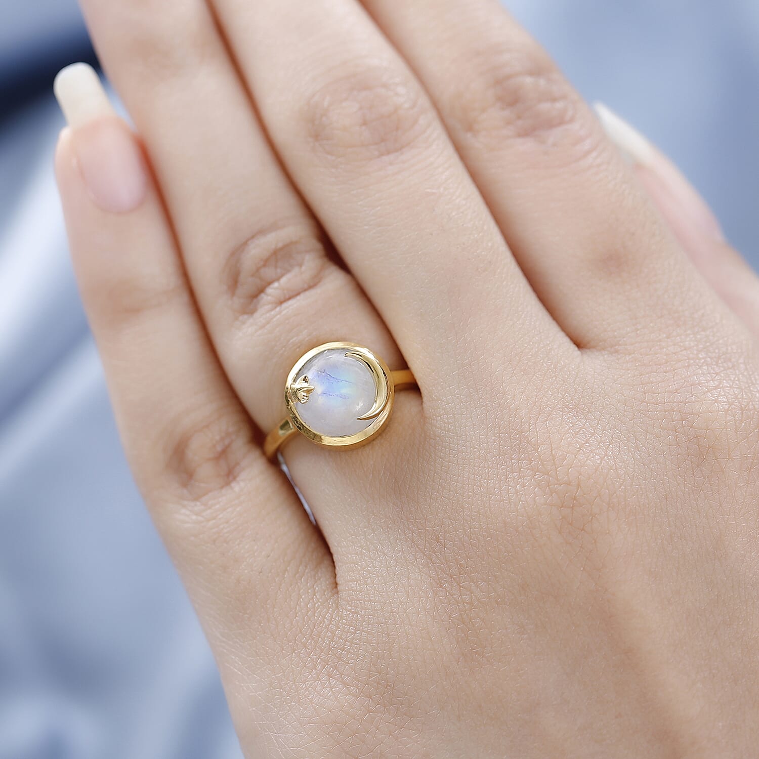 Premium Rainbow Moonstone Ring in Yellow Gold Vermeil Plated Sterling Silver 4.60 Ct
