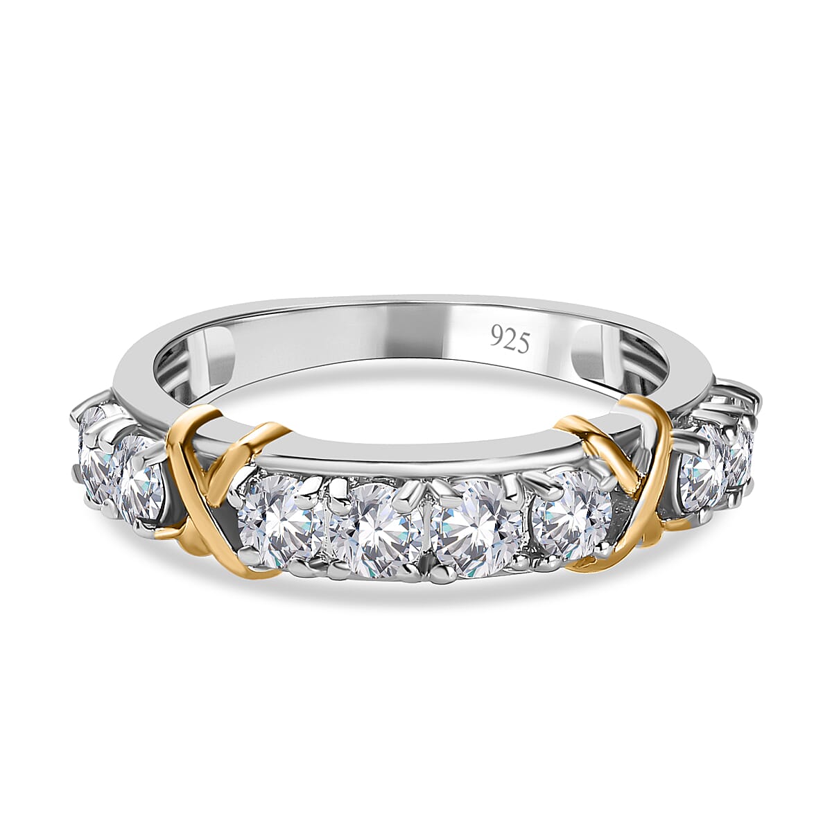 The Moissanite Kiss Band Ring in 18K Yellow Gold Vermeil and Platinum Plated Sterling Silver