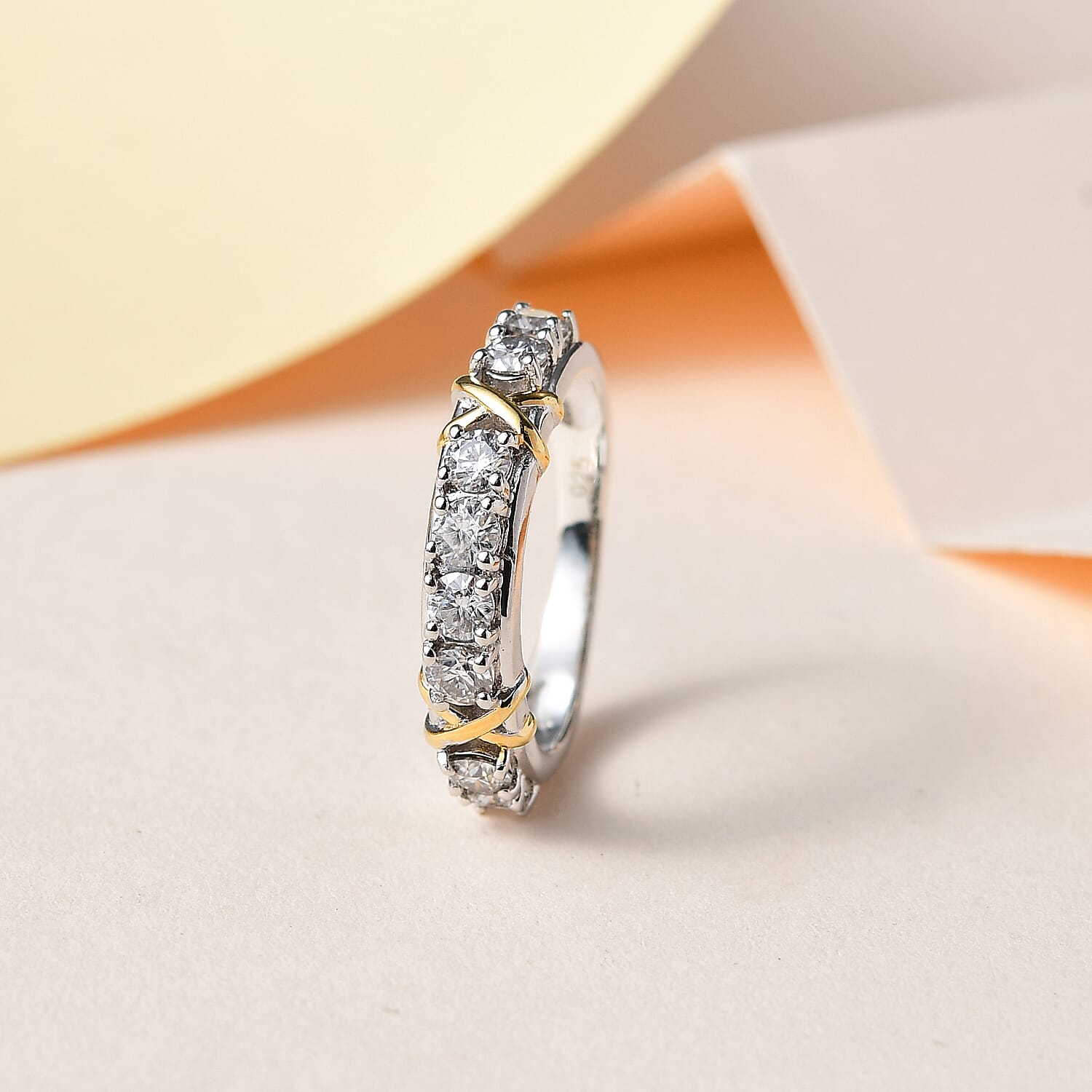 The Moissanite Kiss Band Ring in 18K Yellow Gold Vermeil and Platinum Plated Sterling Silver
