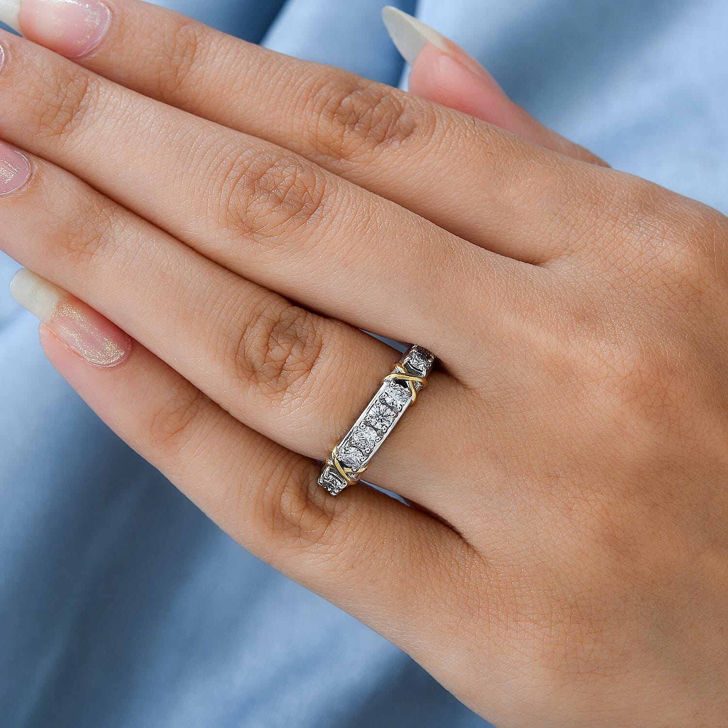 The Moissanite Kiss Band Ring in 18K Yellow Gold Vermeil and Platinum Plated Sterling Silver