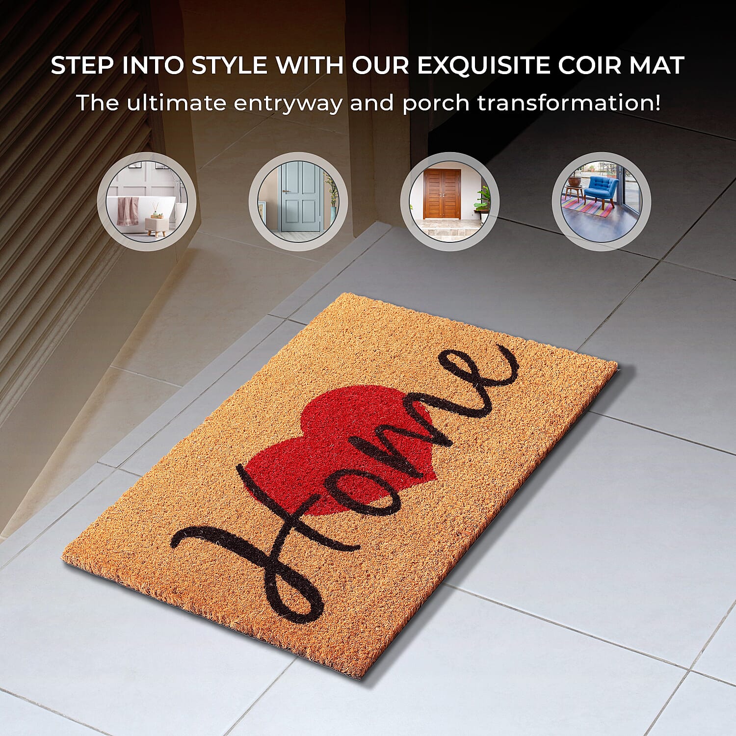 HOME with Heart Design Backed Coir Natural Printed Rug and Door Mat (Size 60x40 cm) - Brown, Red & Black