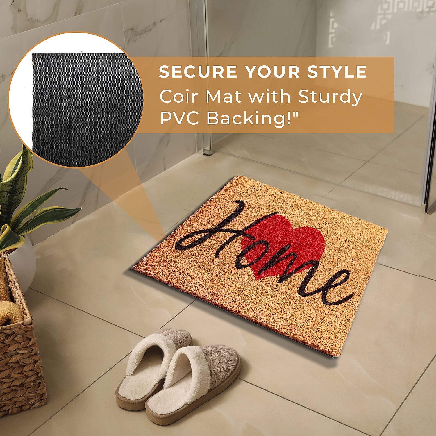 HOME with Heart Design Backed Coir Natural Printed Rug and Door Mat (Size 60x40 cm) - Brown, Red & Black