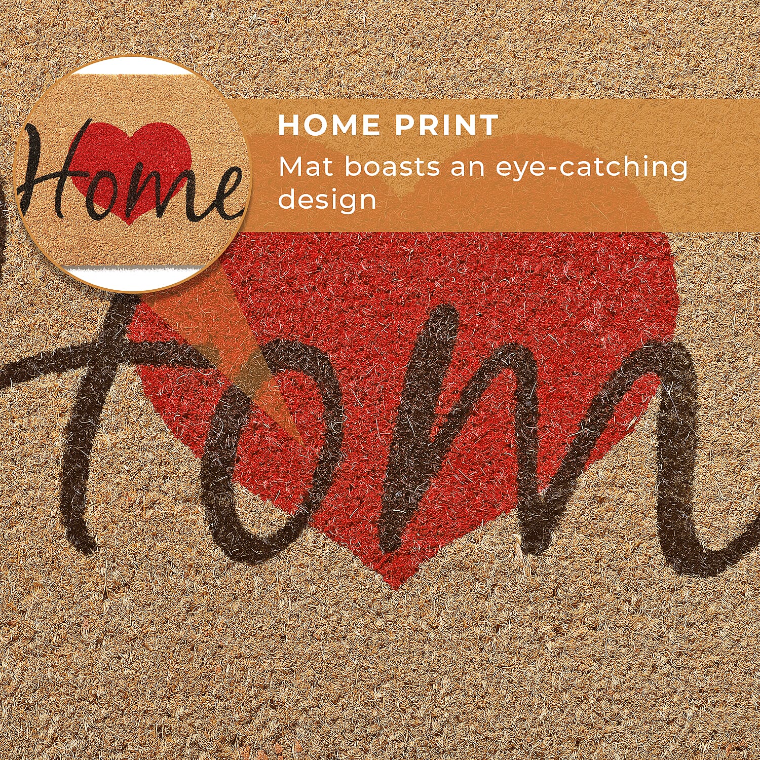 HOME with Heart Design Backed Coir Natural Printed Rug and Door Mat (Size 60x40 cm) - Brown, Red & Black