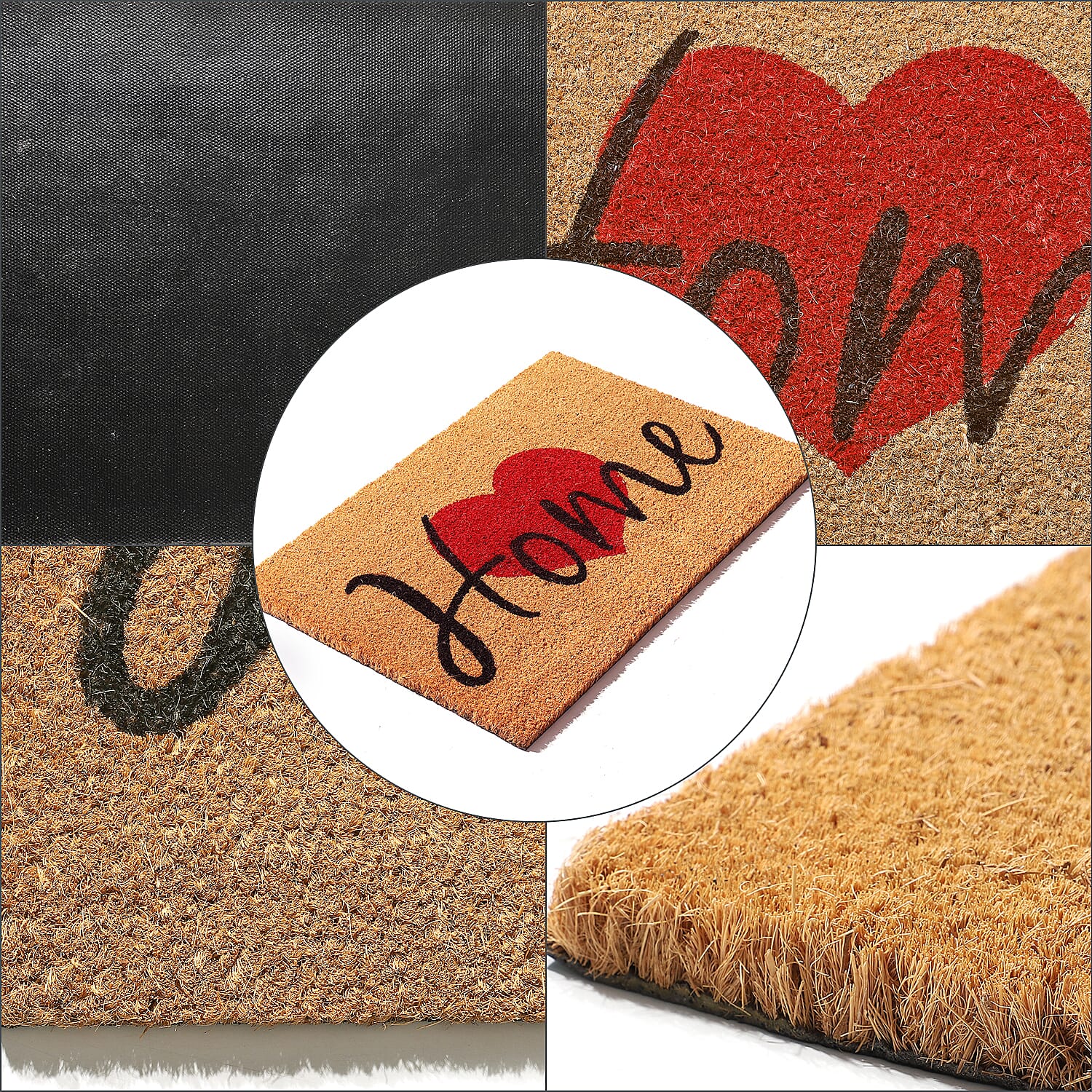 HOME with Heart Design Backed Coir Natural Printed Rug and Door Mat (Size 60x40 cm) - Brown, Red & Black