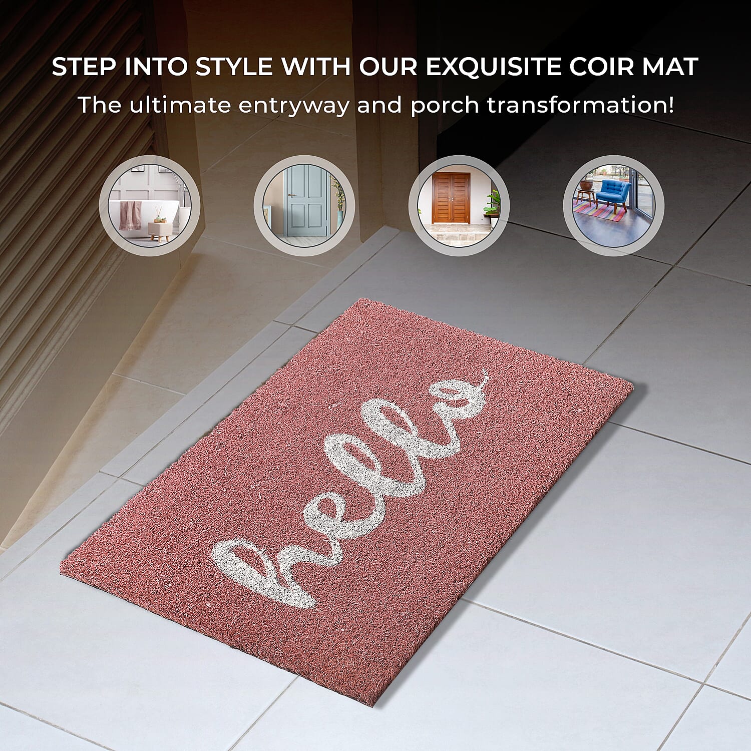 HELLO Print Backed Coir Natural Printed Rug and Door Mat (Size 60x40 cm) - Mauve - White